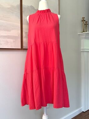 Calvin Klein Sleeveless Tiered Mock-Neck Midi Dress - Hot Pink